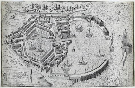 Lafreri Map of Roman Harbor of Ostia: Claudii et Traiani impp. admirabilium portuum Ostiensium. Antonio Lafreri (1512-1577). Engraving. Rome: Lafreri, 1575, (but c. 1630). 16 x 27 1/2 inches sheet. Scarce large format plan of Ostia, the h