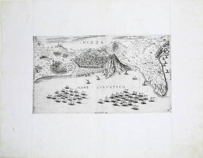 View of Franco-Ottoman Siege of Nice in 1543: Nizza. M.D.XLIII.AE.V. School of Antonio Lafreri (1512-1577). Engraving. Rome or Venice, 1545. 19 1/2 x 22 3/4 inches sheet. Exceptional View of Franco-Ottoman Siege of Nice in 1543.