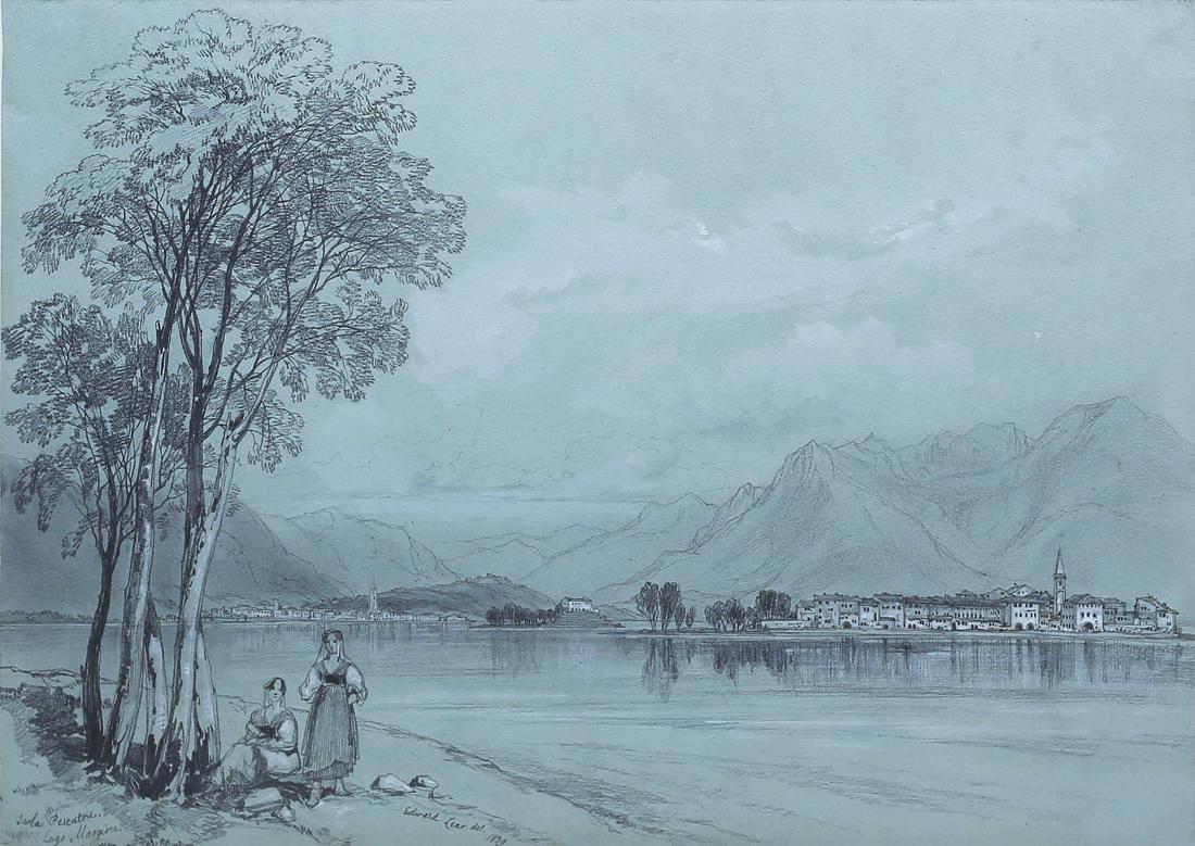 Italian Watercolor of Lake Maggiore by Lear: Isola Pescatore, Lago Maggiore. Edward Lear (1812-1888). Pencil with White chalk on blue paper. 9 3/4 x 13 1/4 sheet, 21 1/2 x 25 1/2 framed. After 1837, Lear lived mainly in Italy and Corfu. On 31 Oc