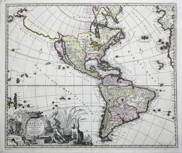 Weigel Engraved Map of North and South America: Novi Orbis Sive Totius Americae. Johann Christoph Weigel (1654-1725). Engraved map with hand color in part. Nuremburg, c. 1720. 11 3/4 x 14 1/2 inches visible, 20 x 22 1/2 inches framed. Map of North