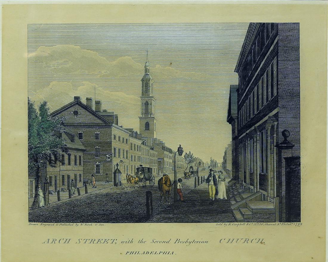 Birch Prints from the City of Philadelphia: Arch Street, with Second Presbyterian Church, Plate 5. William Russell Birch (1755–1844) and his son Thomas Birch (1779–1851). Philadelphia: Birch, 1800. From "The City of Philadelphia, in the Sta