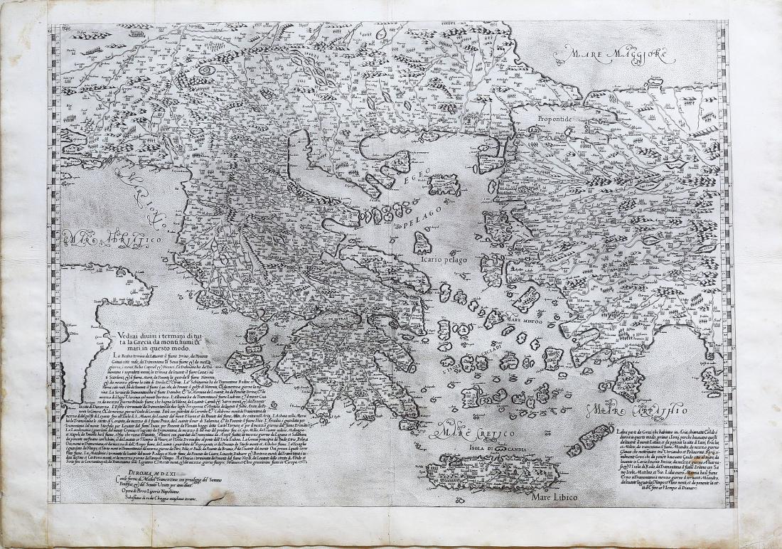 Pirro Ligorio's Rare Map of Greece: Vedrai diusi I termini di tutta la Grecia. Pirro Ligorio (c.1513/4-1583). Engraved map by Sebastiano di RÂ‚. Rome: Michele Tramezzino, 1561. 18 3/4 x 27 inches sheet, 32 1/2 x 42 inches framed A VE