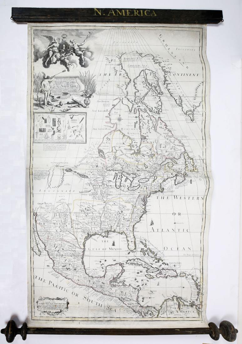 George Willdey's Engraved Map of North America: Map of North America Corrected from the Latest Discoveries and Observations. George Willdey (fl.1707-1737). Engraved map with original color in outline mounted on scrolls. London, c. 1717. 38 x 26 inc