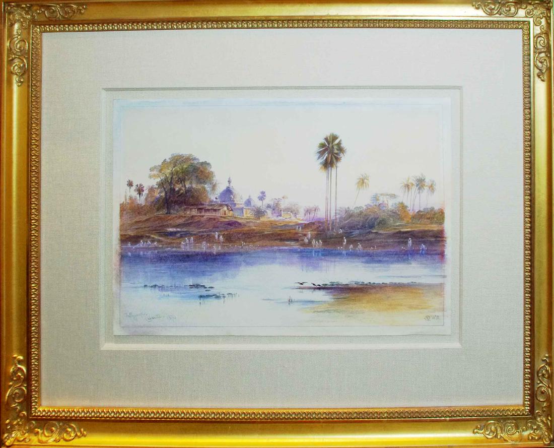 Edward Lear Landscape Watercolor: Figures on the Banks of the River Hoogly, Tollygunge, Calcutta. Edward Lear (1812-1888). Pencil and watercolor on paper, heightened with touches of white. Signed with monogram and further dated '1878