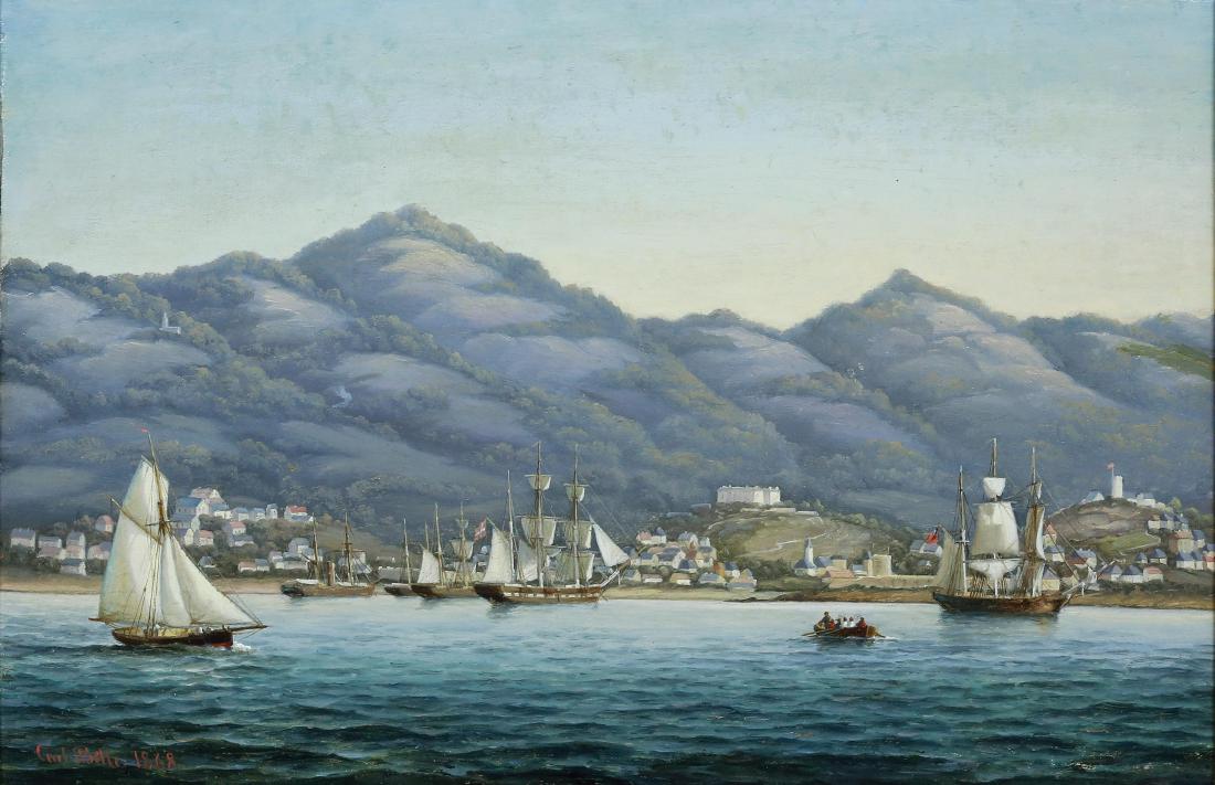 Bille St. Thomas Oil Painting: Shipping off Charlotte Amalie in the Danish West Indies. Carl Ludwig Bille (1815-1898). Oil on Canvas laid down on Board. Signed l.l. "Carl Bille 1868". 12 1/2 x 14 3/4 inches, 17 x 24 inches framed.