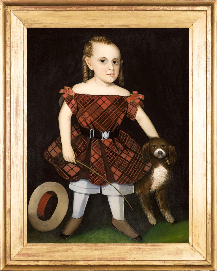 Phillips Child Portrait Oil Painting: Portrait of a Child in a Plaid Dress with a Dog. Ammi Phillips (1788-1865). Oil on canvas. 37 1/2 x 28 1/4 inches.