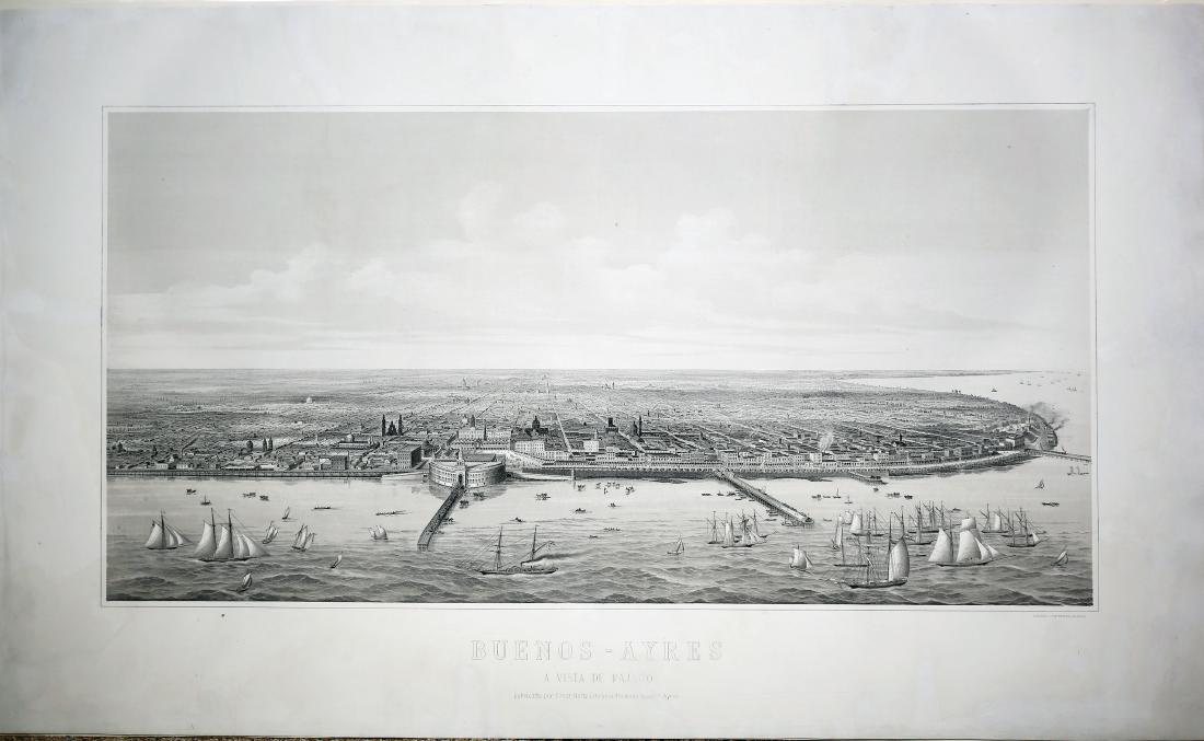 Kahler Print of Buenos Aires: KAHLER, F.W. (19th century). Buenos-Ayres / A Vista De Pajaro. Lithograph. Hamburg, 1898. 26 1/2 x 44 inches sheet Large decorative panoramic view of the city, based upon and earlier French lithogrpah