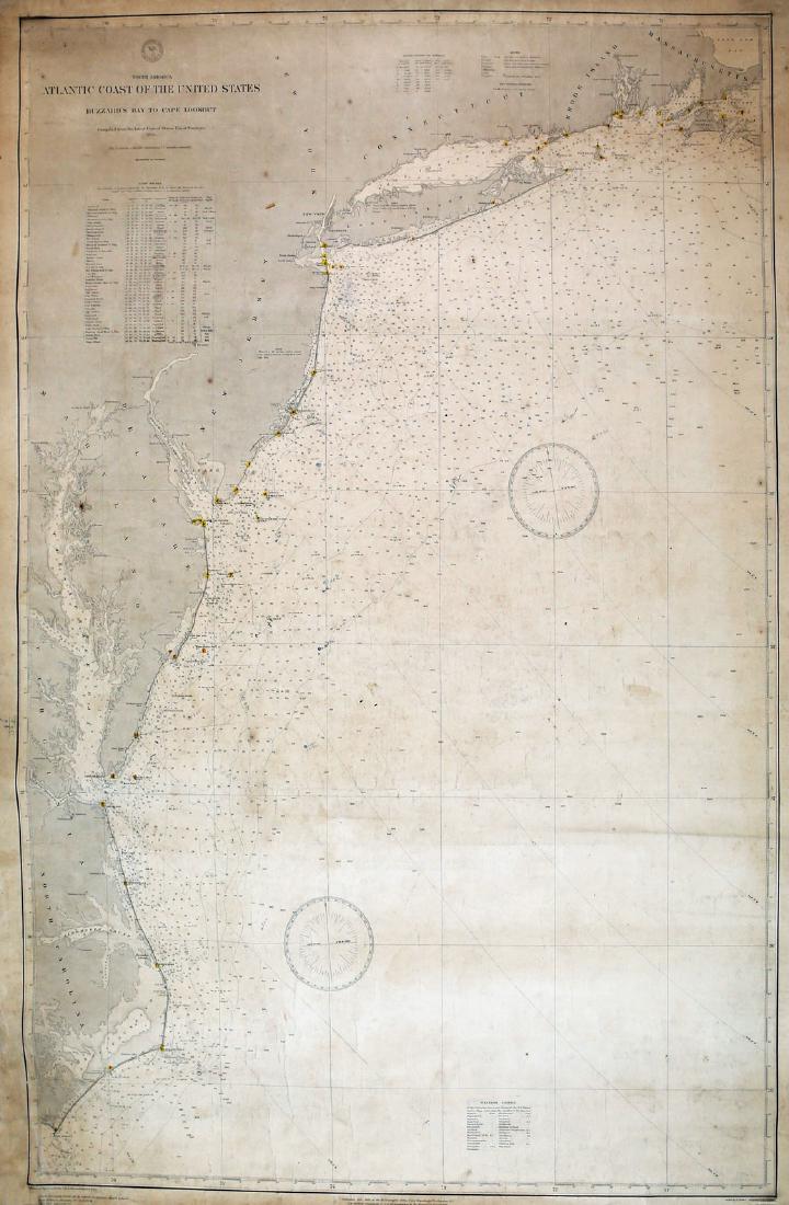 Sea Chart Mid Atlantic States: Dessez, L. & Evans, H. C. North America Atlantic Coast of the United States. Lithographed Map. U.S. Navy Hydrographic Office, 1890. 44 Â¼" x 29 Â½" sheet. "BUZZARD'S BAY TO CAPE LOOKOUT compiled f