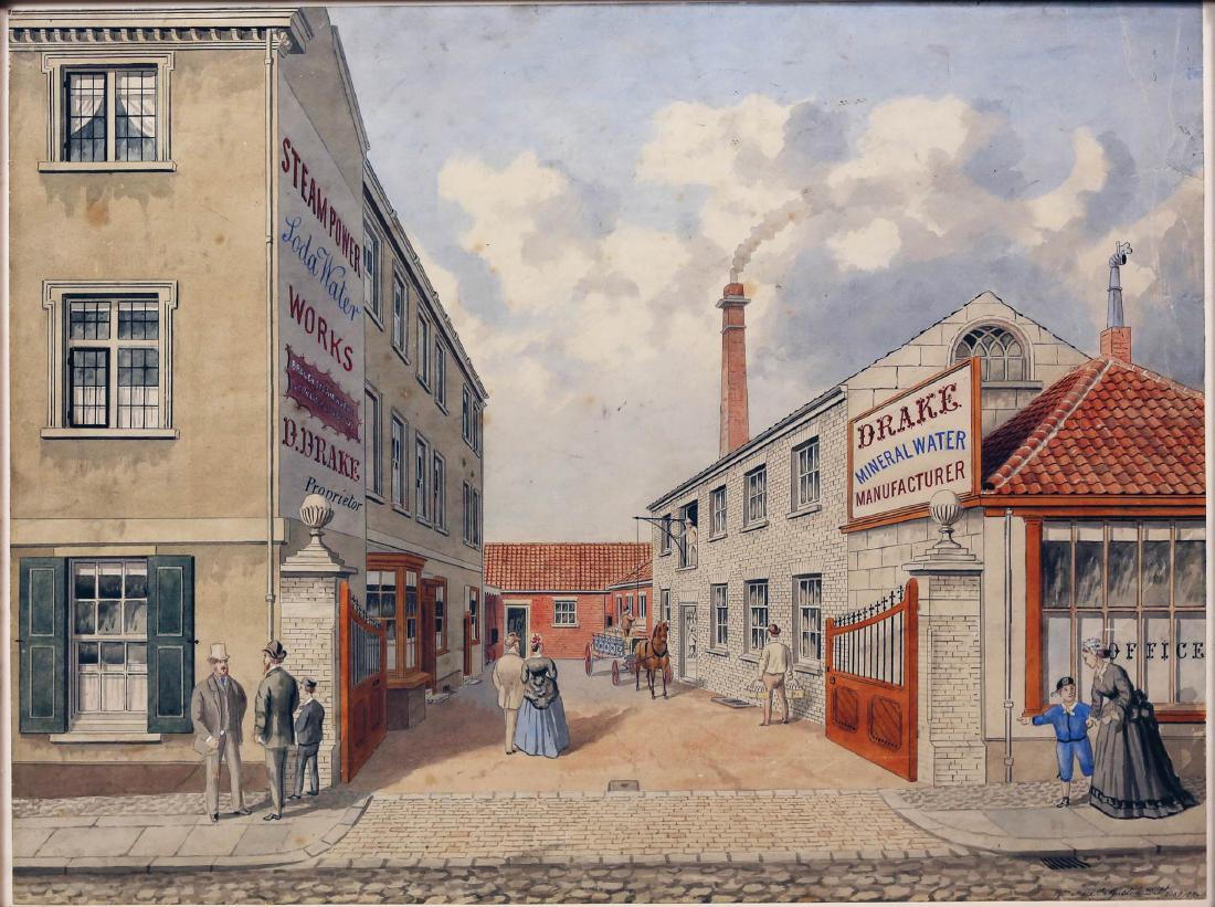 Austin Watercolor of Norwich Water Company: Austin, William Frederick (1833-1899). [Norwich] Drake Mineral Water Manufacturer. Watercolor on paper. Late 19th Century. 20 1/4" x 15 1/2" sheet.