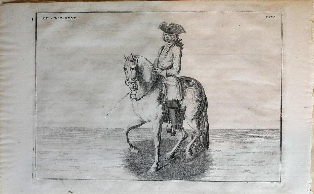 Art of Horse Riding Enraving: HERLIBERGER, David (1697-1777). Le Courageux, Plate 24. Engraving from L' Art de Monter Cheval (The Art of Horse Riding). Amsterdam u. Leipzig: ArkstÃ©e & Merkus, 1747. 9 3/4" x 15" sheet.
