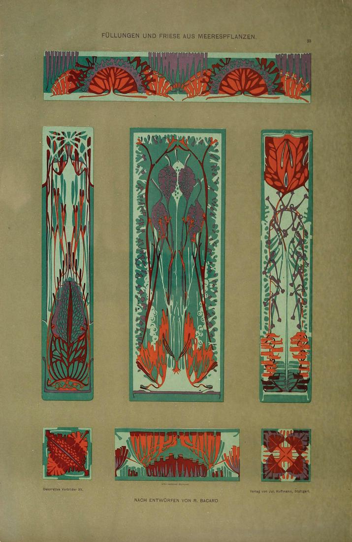 Art Nouveau / Jugendstil Design Print: HOFFMANN, Juluis (Fl. 1890-1920). [Art Nouveau, German Design Prints]. Fullungen und Friese aus Meerespflanzen, Plate 33. Lithograph with hand color from Dekorative Vorbilder. Stuttgart, c. 1895-1900.