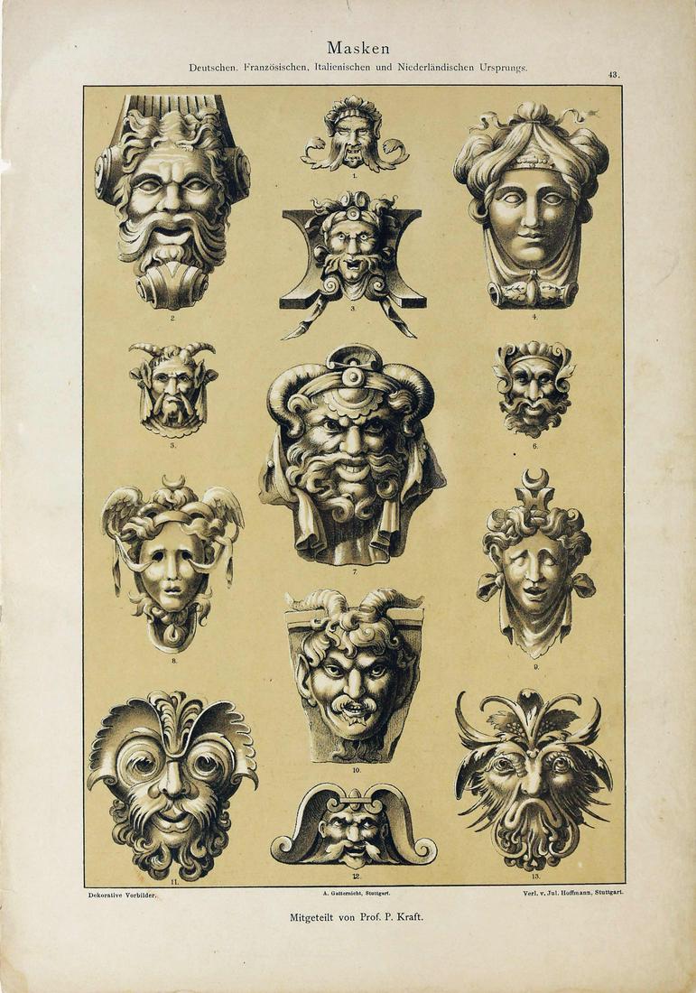 Art Nouveau / Jugendstil Design Print: HOFFMANN, Juluis (Fl. 1890-1920). [Art Nouveau, German Design Prints]. Masken / Deutschen, Franzosischen, Italienischen und Niederlandischen Ursprungs, Plate 43. Lithograph with hand color from Dekora