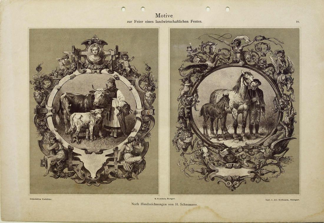 Art Nouveau / Jugendstil Design Print: HOFFMANN, Juluis (Fl. 1890-1920). [Art Nouveau, German Design Prints]. Motive / zur Feier eines landwirtschaftlichen Festes, Plate 10. Lithograph with hand color from Dekorative Vorbilder. Stuttgart, 