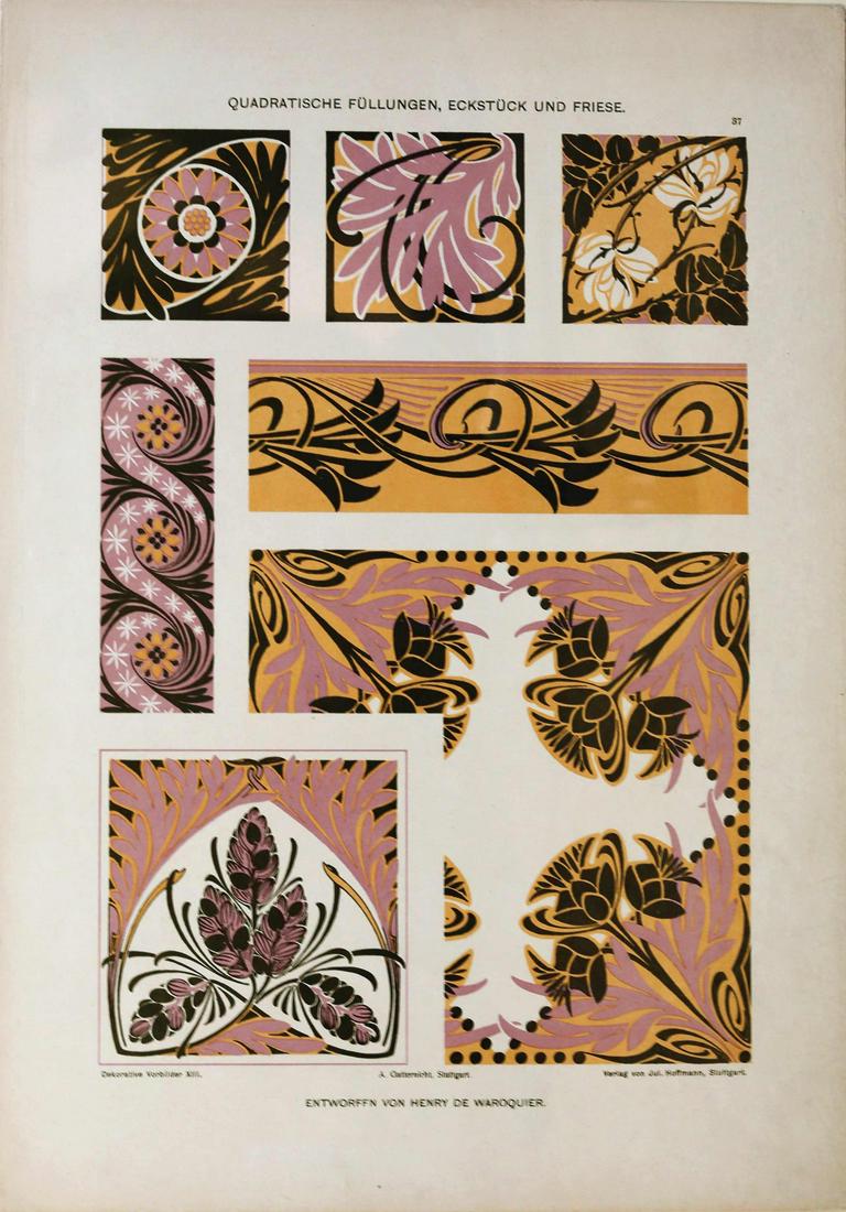 Art Nouveau / Jugendstil Design Print: HOFFMANN, Juluis (Fl. 1890-1920). [Art Nouveau, German Design Prints]. Quadratische Fullungen, Eckstuck und Friese, Plate 37. Lithograph with hand color from Dekorative Vorbilder. Stuttgart, c. 1895-1
