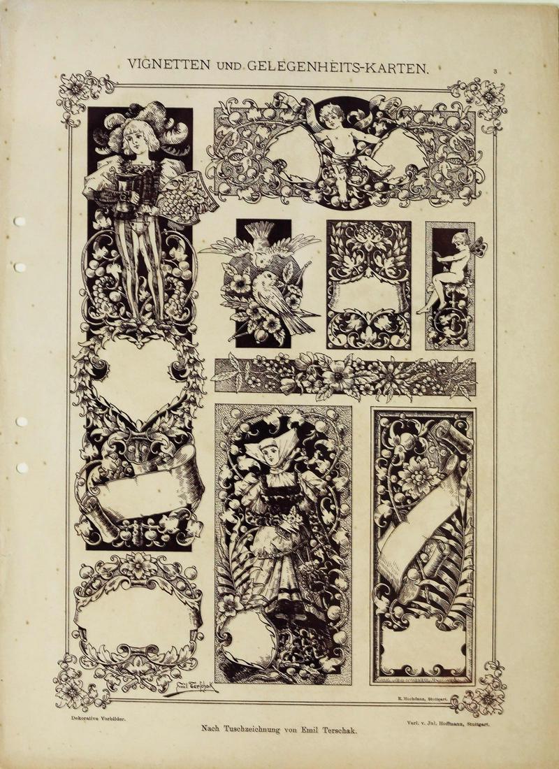 Art Nouveau / Jugendstil Design Print: HOFFMANN, Juluis (Fl. 1890-1920). [Art Nouveau, German Design Prints]. Vignetten und Gelegenheits-Karten, Plate 3. Lithograph with hand color from Dekorative Vorbilder. Stuttgart, c. 1895-1900. 13 3/4