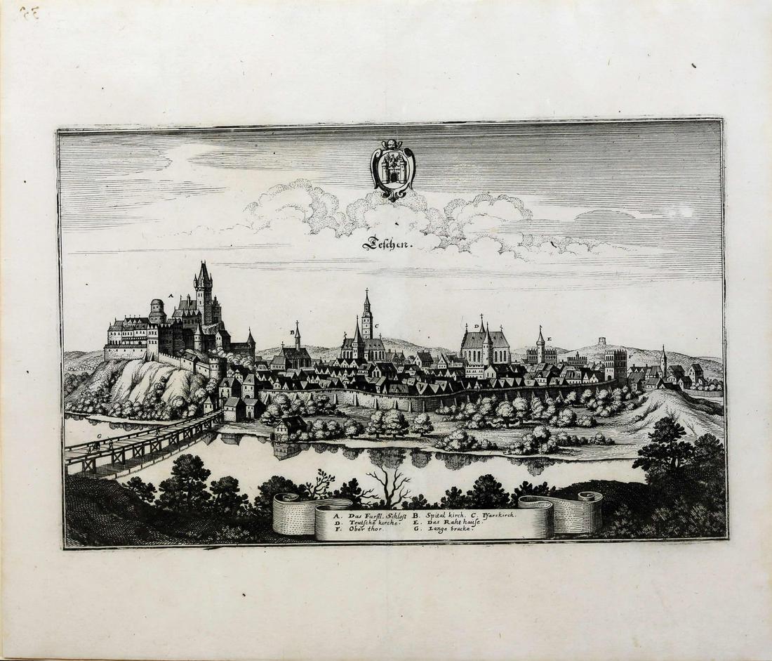 Merian View of German Townscapes: MERIAN, Matthaus (1593-1650) & Sons. Teschern. Engraving from Topographia Germaniae... Frankfurt, 1642-1688. 12 5/8" x 14 1/2" sheet.