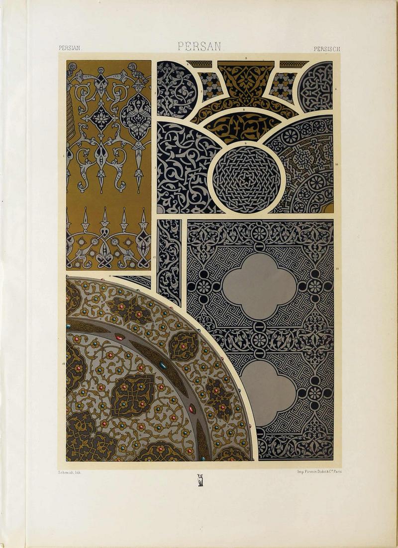 Graphic Designs, L'Ornement Polychrome: RACINET, Auguste (1825-1893). [Graphic Designs and Decorative Motifs] Persian. Chromolithograph from L'Ornement Polychrome. Paris: Firmin Didot, c. 1870's. 16" x 11 1/2" sheet.