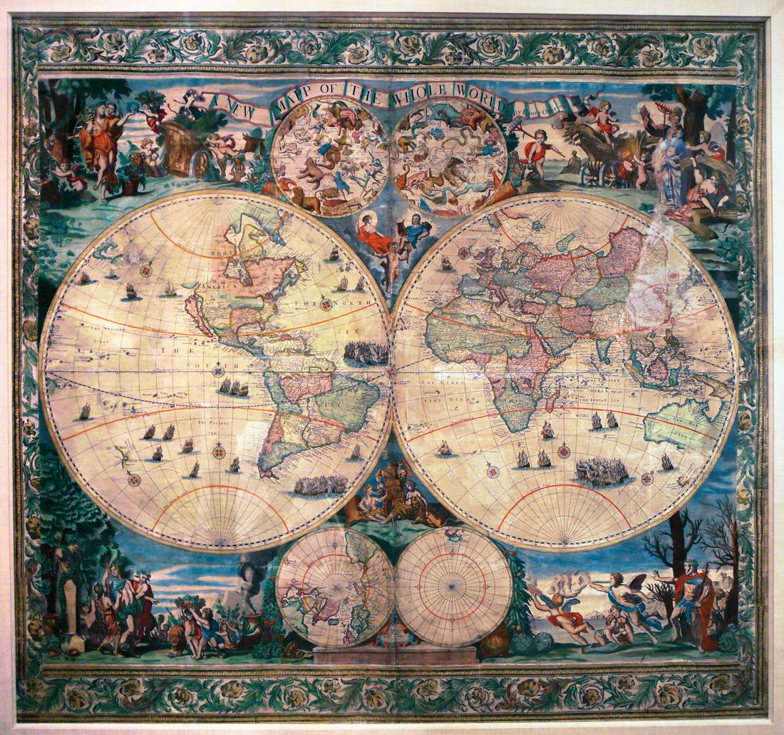 Overton World Map, 1738: OVERTON, Henry (d.1751). A New Mapp of the Whole World. Large engraved twin-hemsipherical world map with original hand color in full in 4 engraved sheets joined and mounted on linen. London: Printed a