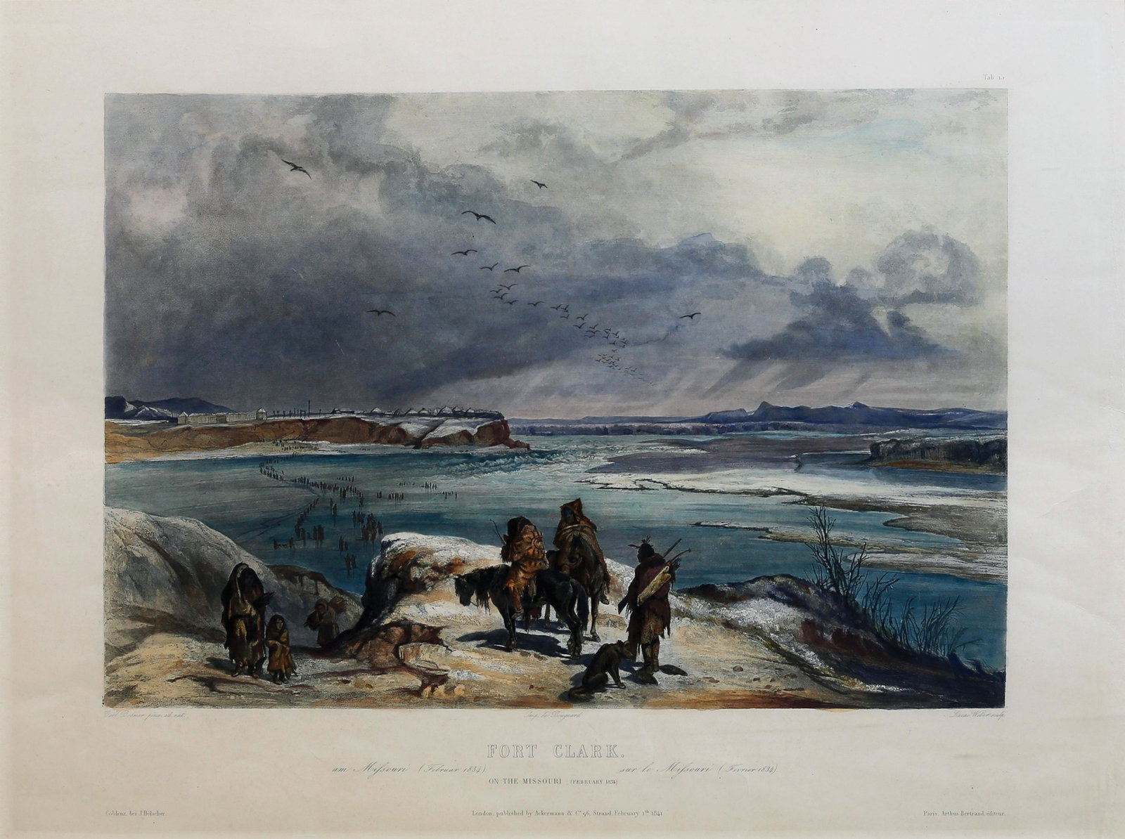 Bodmer Aquatint, Fort Clark: BODMER, Karl (1809-1893). Fort Clark on Missouri February 1831, Tab 45 (State 3, with added bird). Aquatint engraving with original hand color. From the Travels in the Interior of North America. J. Ho