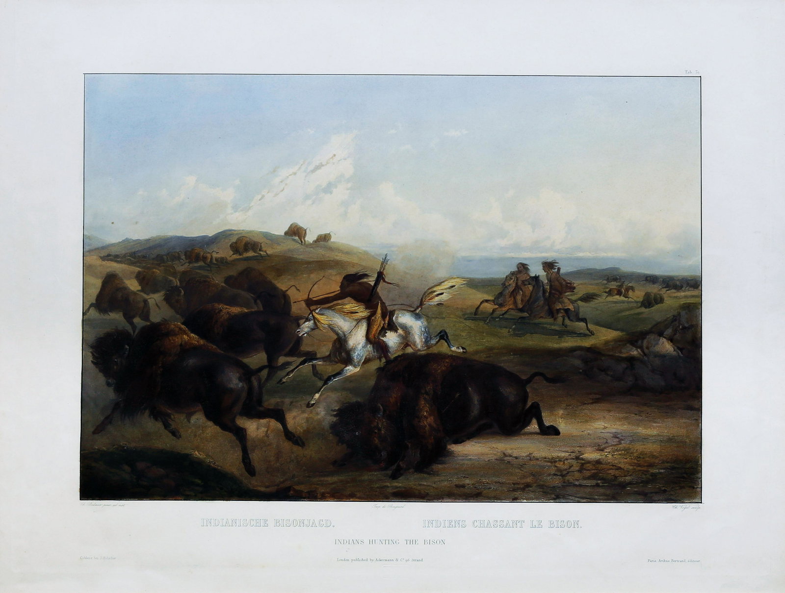 Bodmer Aquatint, Indians Hunting The Bison: BODMER, Karl (1809-1893). Indians Hunting The Bison, Tab 31 (State 2). Aquatint engraving with original hand color. From the Travels in the Interior of North America. J. Holscher, Coblenz; Bertrand, P
