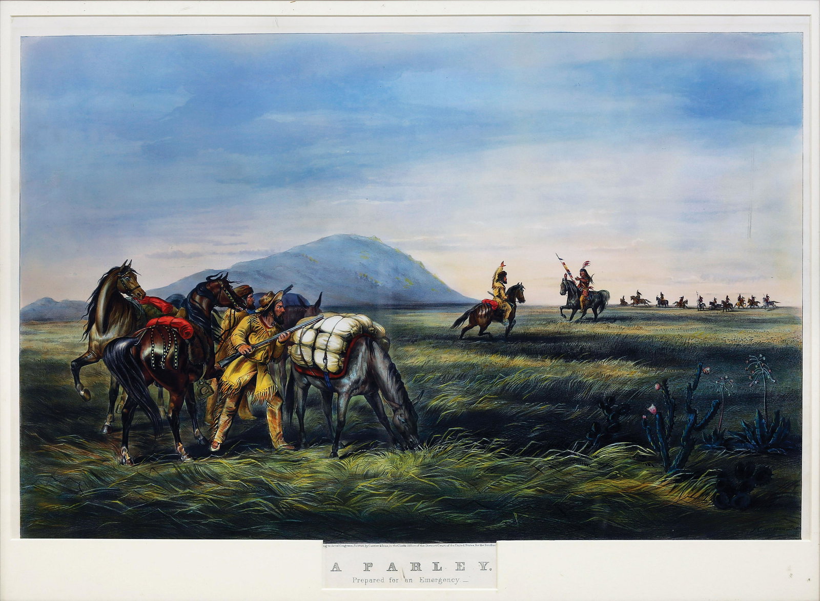 Currier & Ives, a Parley: CURRIER & IVES (Active 1834-1907). A Parley, Prepared for an Emergency. Lithograph with original hand color. New York: Currier & Ives, 1866. 19 x 26 1/2” visible, 24” x 31” framed. Western view