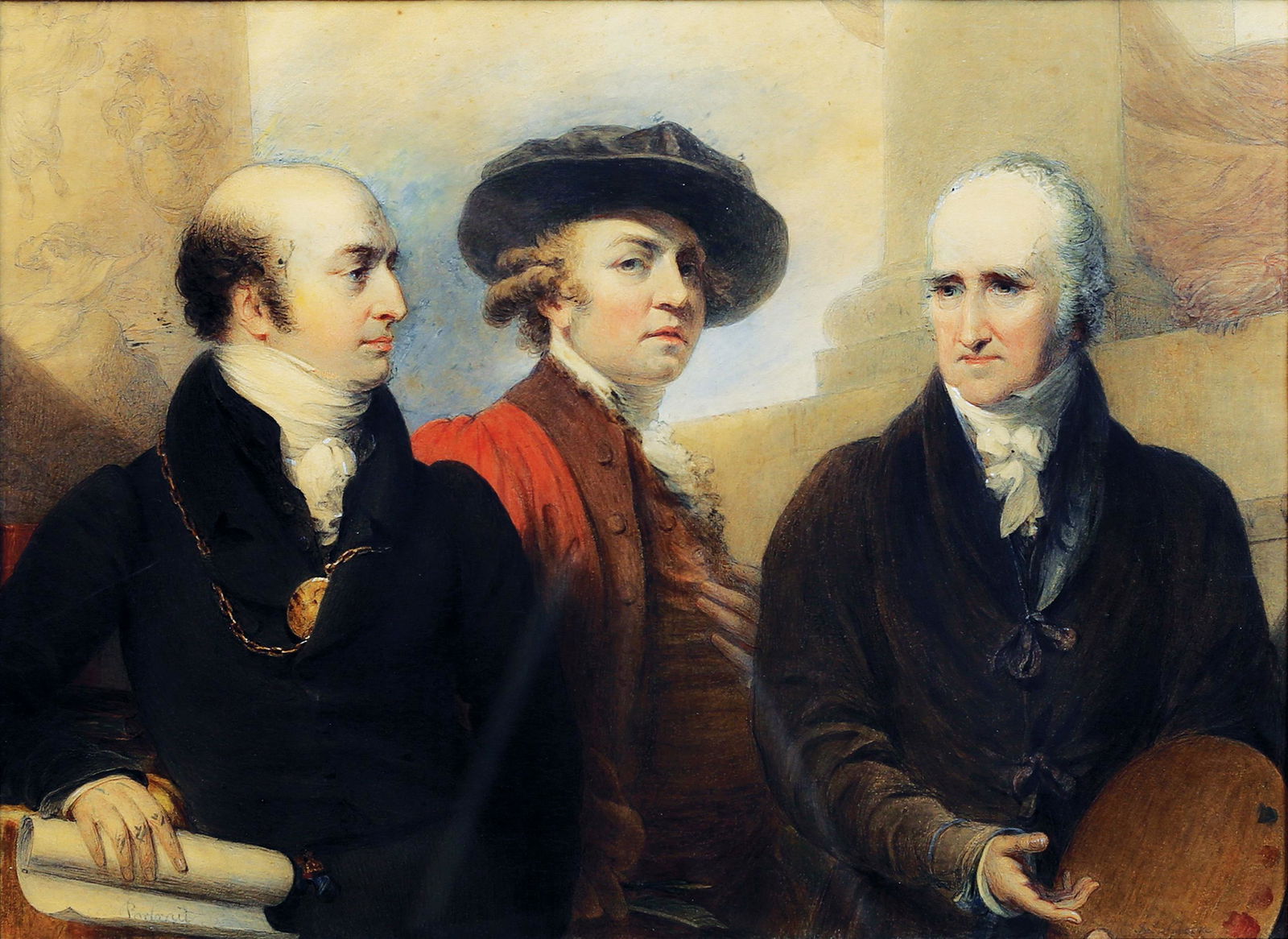 Green Royal Academy Presidents Watercolor: *** START PRICE IS THE RESERVE *** GREEN, James (1771-1834). Portrait of the first three Presidents of the Royal Academy: Sir Joshua Reynolds, Benjamin West & Sir Thomas Lawrence. Pencil, watercolor a