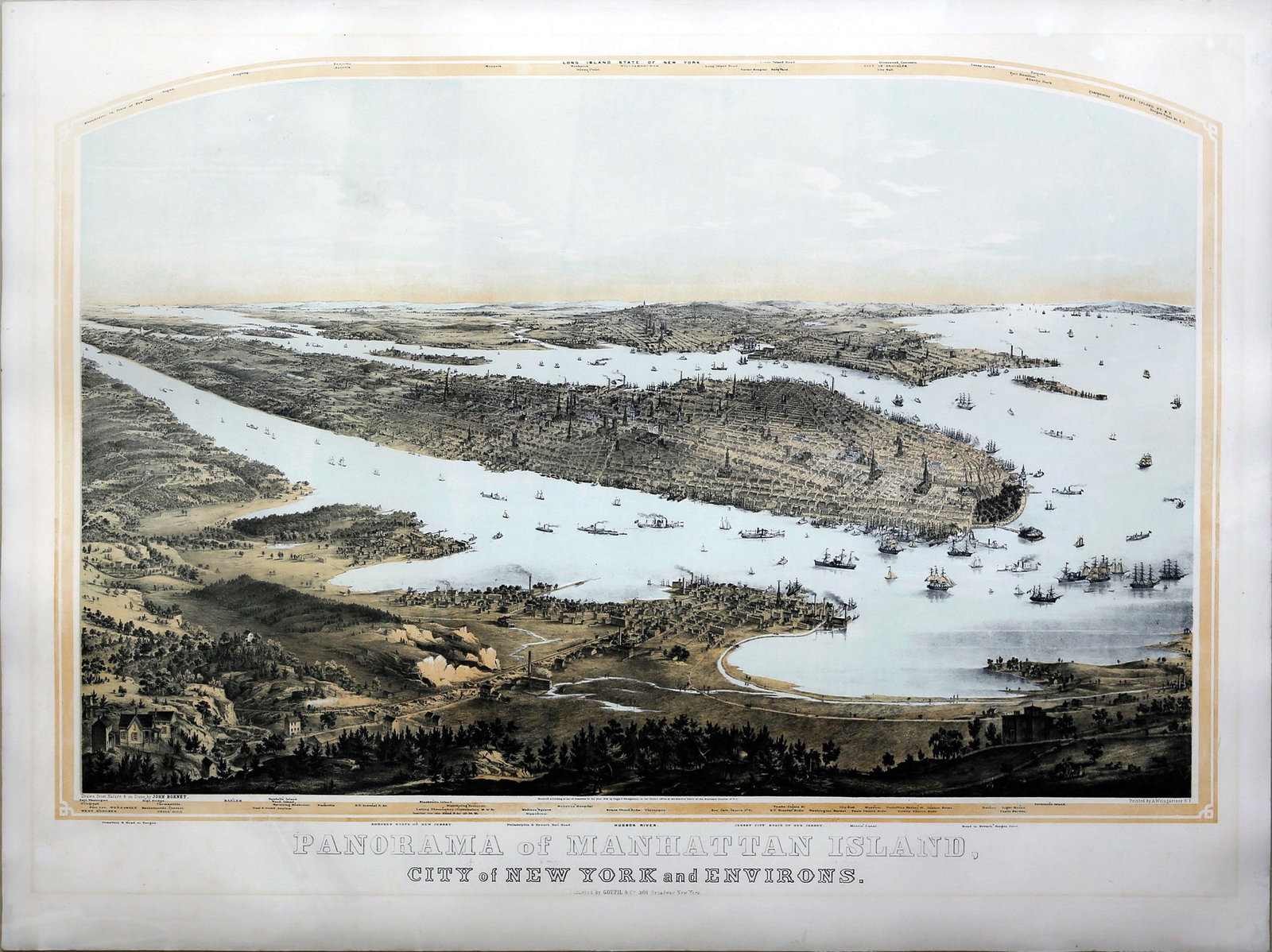 Bornet, Panorama of Manhattan Island: BORNET, John (active N.Y., 1850-55). Panorama of Manhattan Island, City of New York. Lithograph with original hand color. New York: Groupil & Co, c. 1854. 31" x 41 1/2" sheet. Shows Manhattan with New