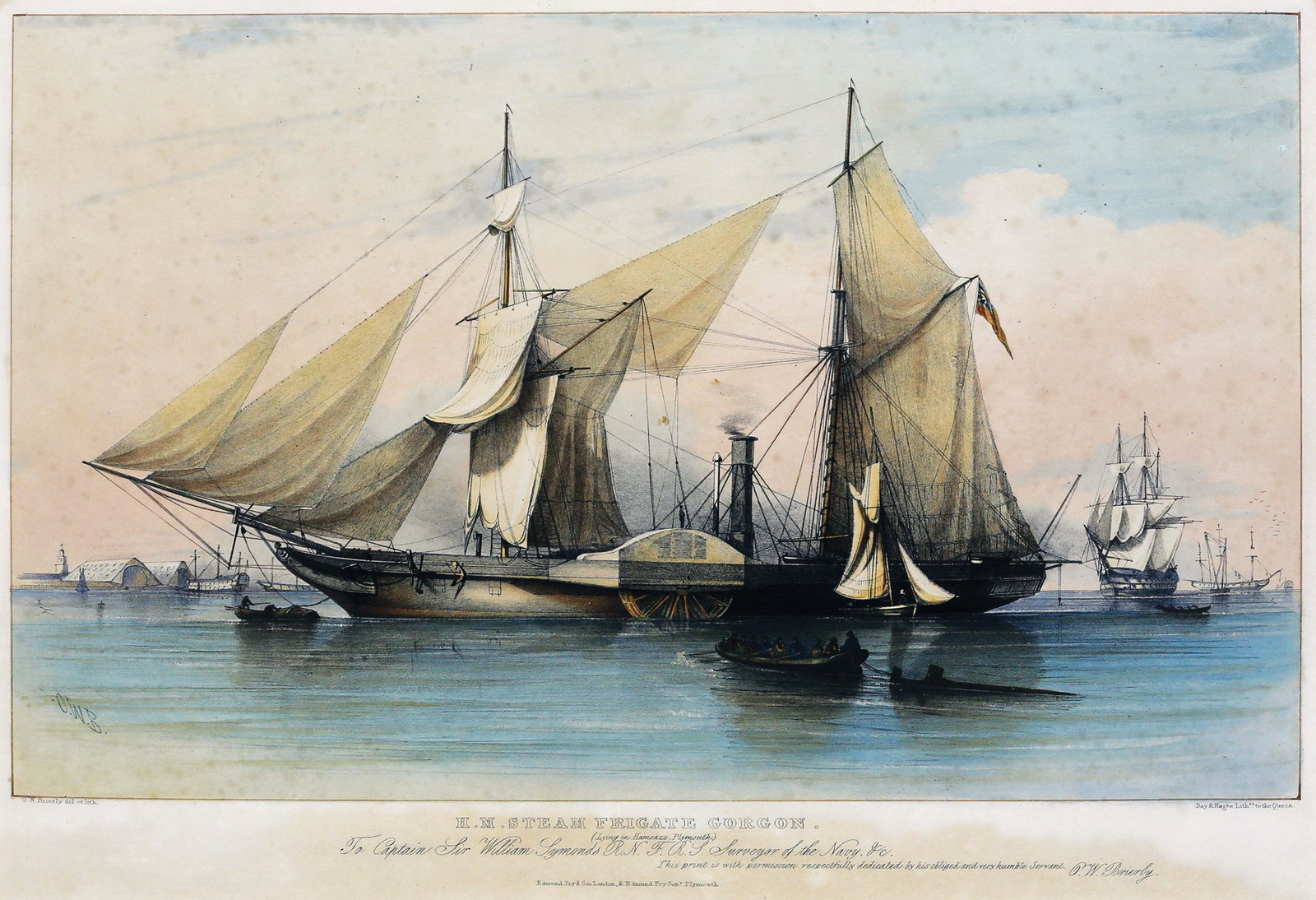 Brierly, Frigate Gorgon maritime lithograph: BRIERLY, Oswald Walters, Sir. (1817-1894). H. M. Steam Frigate Gorgon (Lying in Hamoaze, Plymouth)... Lithograph with original hand color. Published by Edmund Fry, Plymouth: 1839. Dim. Last seen at au