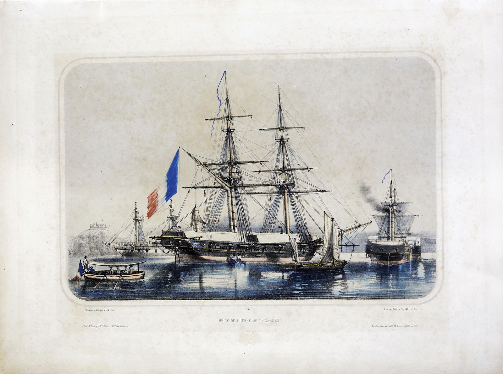 Bry & Breton, maritime lithograph: BRY, Auguste (1805-1880) & BRETON, L. Brick de Guerre de 10 Canons. Lithograph with original hand color. Paris: E. Savery et Cie; London: Gambert & Co., c. 1840. 16" x 20 1/2" sheet. Comparable: Burge
