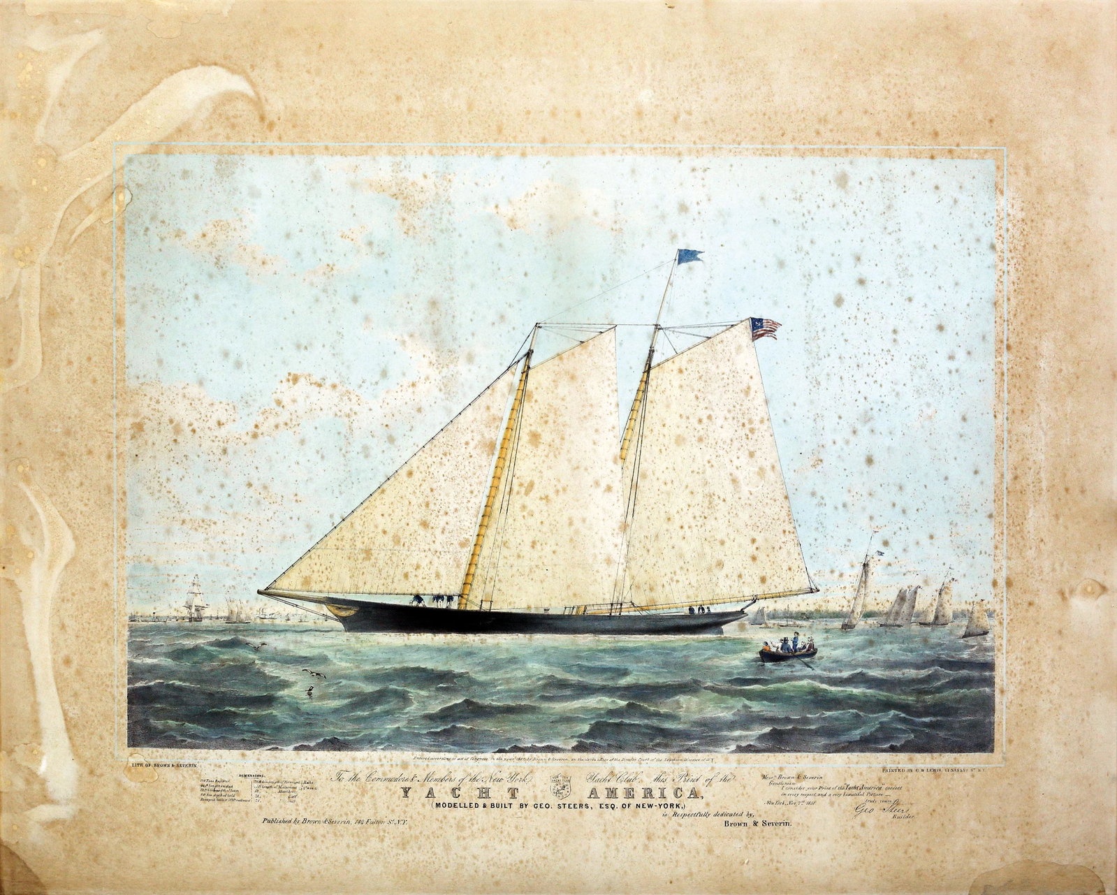 Brown & Severn, Yacht America: BROWN & SEVERIN (Mid-19th Century). Yacht America (modelled & built by Geo. Steers, Esq., of New York). Lithograph with original hand color. New York: G.W. Lewis, N.Y., New York, 1851. 18 3/4" x 23 1/