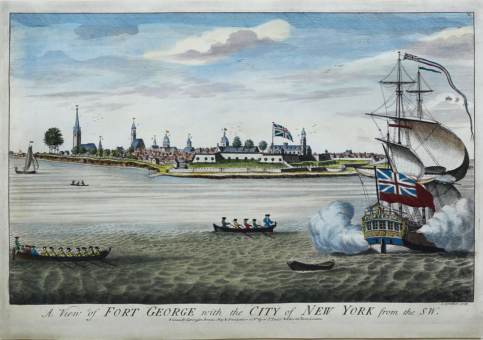Carwitham, View of Fort George with the City of NY: CARWITHAM, John (fl. 1723-1741). A View of Fort George with the City of New York from the SW. Engraving with original hand color. London: Carrington Bwles, c. 1674. 12 1/2” x 18” sheet, 22” x 28