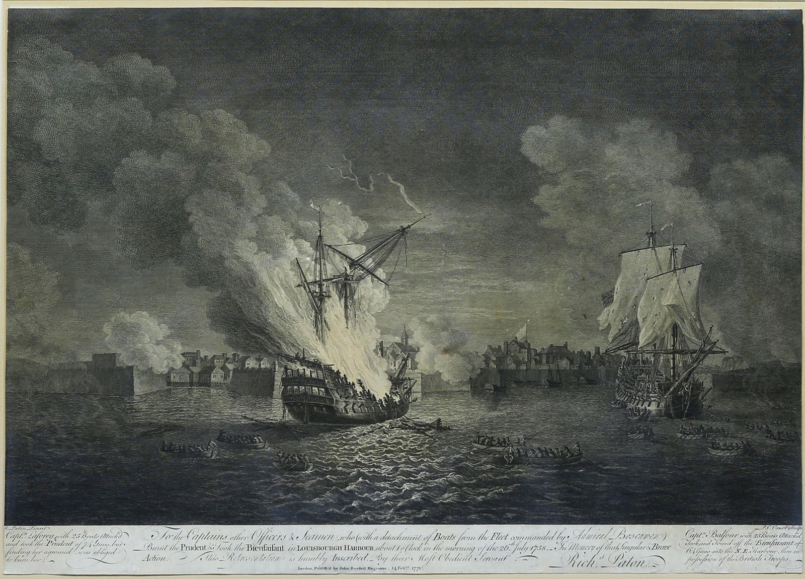 Canot, French & Indian War naval engraving: CANOT, P. C. (1710-1777) after R. Paton. [French and Indian War, Capture of the Prudente and Bienfaisant at Louisbourgh, July 26, 1758]. Engraving. London: Boydell, 1771. 16 1/4” x 22 1/2” visible