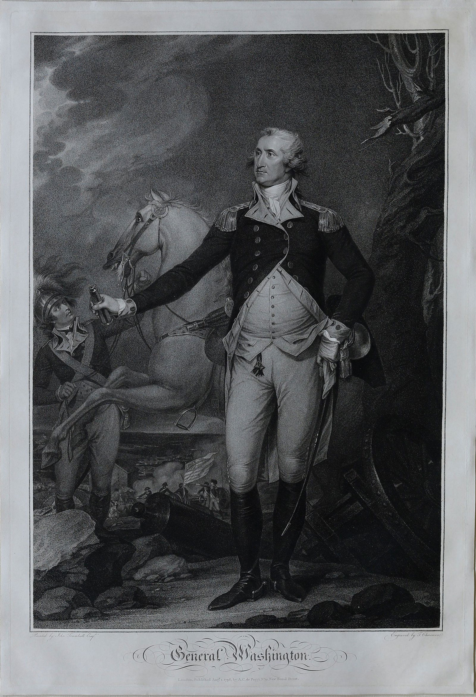Cheesman, General Washington engraving: CHEESMAN, Thomas (1760-1834) After John Trumbull (1756-1843). General Washington. Stipple engraving. London: 1796. 29 1/2" x 20" sheet, 41" x 32" framed. Comparables: Sotheby's 2016 - $9,375. Swann Ga