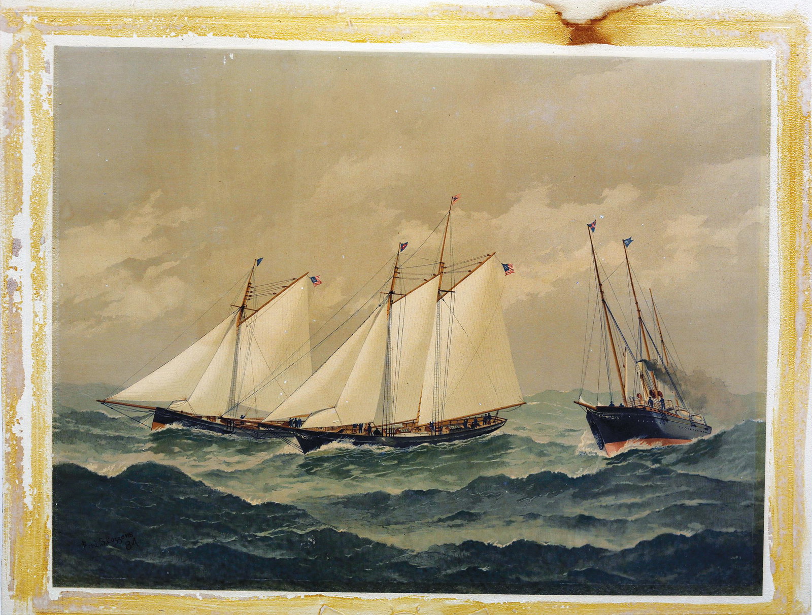 Cozzens, Having it out at Sea: COZZENS, Fred S. (1846-1928). Having it Out at Sea (In a Smoky SouWester). Chromolithograph. Signed and dated lower left: "Fred S. Cozzens, 1884." 14 1/2" x 20 1/2' sheet, 17" x 23 3/4" backing paper.