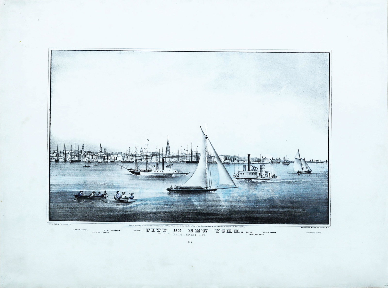 Currier, City of New York from Jersey: CURRIER, Nathaniel (1813-188). City of New York from Jersey City. Lithograph with original hand color. New York: 1849. 10" x 15" sheet. The view is from the Jersey side and the Jersey City Ferry is se