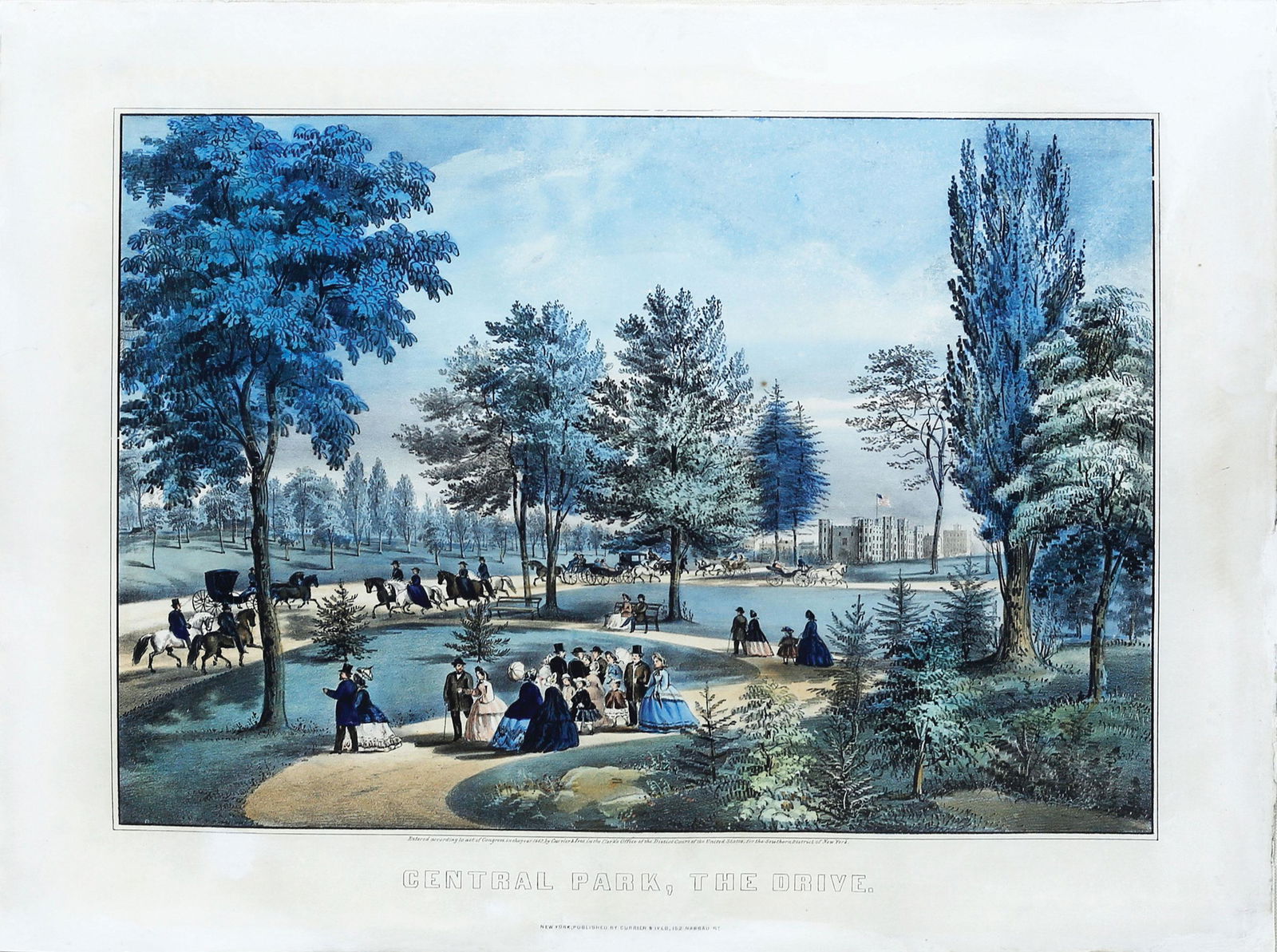 Currier & Ives, Central Park, the drive: CURRIER & IVES (1857-1907). Central Park, The Drive. Lithograph with original hand color. New York: Currier & Ives, 1862. 14 3/4" x 18 3/4" sheet, 24" x 28" framed. Comparable: Northeast, 2014 - $510.