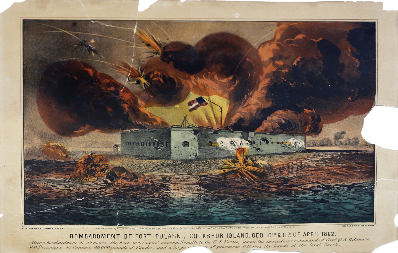 Currier & Ives, Fort Pulaski, Cockspur Island: CURRIER & IVES (1857-1907). Bombardment of Fort Pulaski, Cockspur Island, GEQ. 10th & 11th of April 1862. Lithograph with original hand color. Currier & Ives, New York: 1862. 9 1/2" x 13 1/2" sheet. R