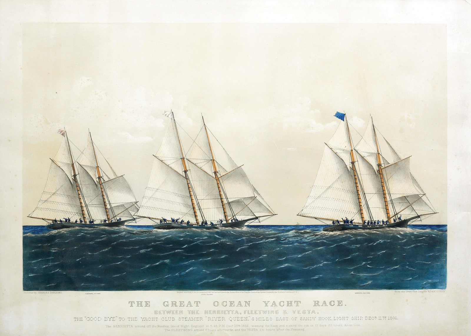Currier & Ives, Great Ocean Yacht Race: CURRIER & IVES (1857-1907), after PARSONS, Charles (1821-1910). The Great Ocean Yacht Race / Between The Henrietta, Fleetwing & Vesta. Dec. 11th, 1866. Lithograph with original hand color. New York: C