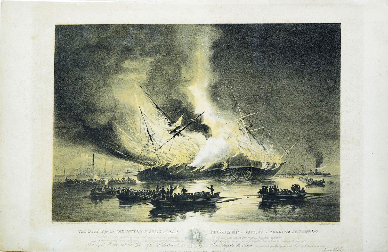 Duncan, Burning of the Missouri: DUNCAN, E. (1803 - 1882) after sketch by MENOIS, G. P. Lieu. Dutton, T.G. Lith. The Burning of the United States Steam Frigate Missouri at Gibraltar, Aug. 26th 1843. Tinted Lithograph. London: Day & H