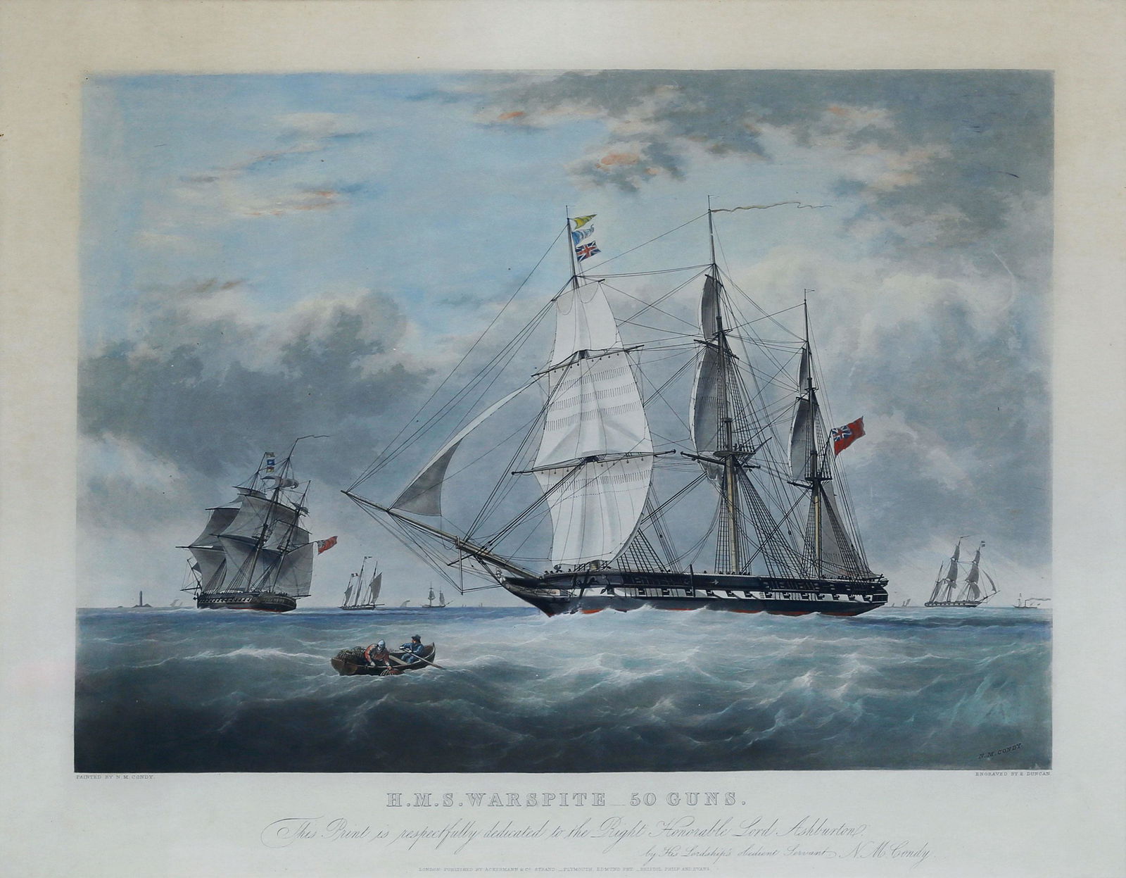 Duncan, Warspite maritime engraving: DUNCAN, E. (1803-882) after CONDY, N. M. (1816-1851). H.M.S. Warspite, 50 Guns / This print is respectfully dedicated to the Right Honorable Lord Ashburton by the lordship's obidient servant N. M. Con