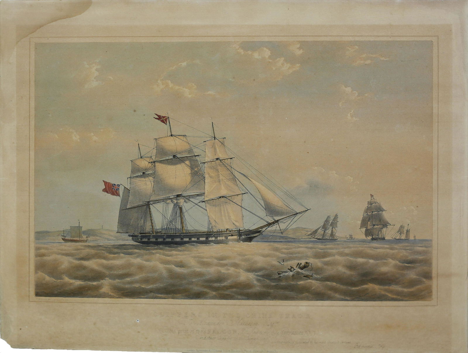 Dutton, China Trade maritime lithograph: DUTTON, T.G. (active 1845-1879), after CONDY, N. M. Clippers in the China Trade. Lithograph with original hand color. London: Ackermann & Co., c. 1850's. 14 1/4" X 18 3/4" sheet. Shows a broadside vie