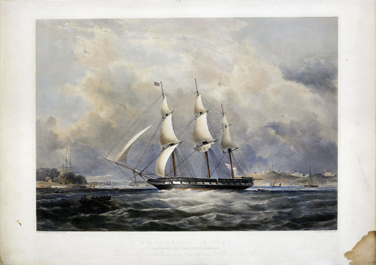 Dutton, Thetis maritime lithograph: DUTTON, T.G. (active 1845-1879), after CONDY, N. M. H.M.S. Thetis, 36 Guns / Constructed by the School of Naval Architecture. Lithograph with original hand color. Signed by Condy, lower left. London: 