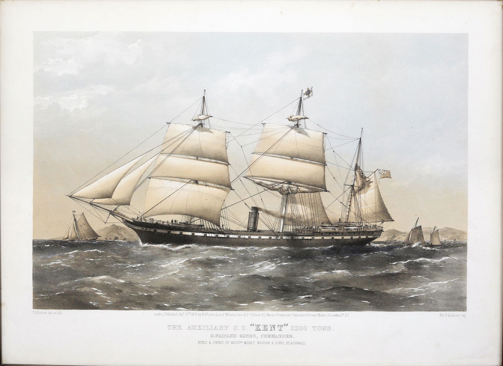 Dutton, Kent maritime lithograph: After DUTTON, T.G. (active 1845-1879). The Auxiliary S.S. "Kent" 230 Tons. Lithograph with original hand color. London: W.G. Foster, September 20, 1876. 15 1/2" x 21 1/2" sheet, 17 1/4" x 23", framed.