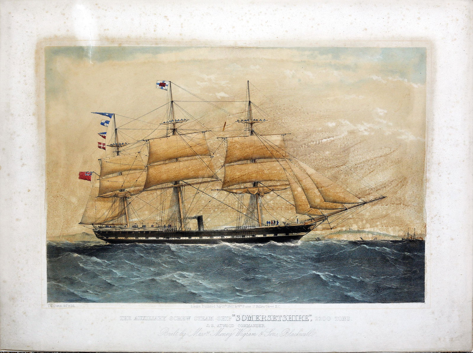 Dutton, Sumersetshire maritime lithograph: DUTTON, T.G. (active 1845-1879). The Auxiliary Screw Steam Ship "Somersetshire " 2200 Tons. Lithograph with original hand color. London: W.M. Foster, July 13th, 1867. 16 1/4" x 22 3/4" sheet. Iron scr