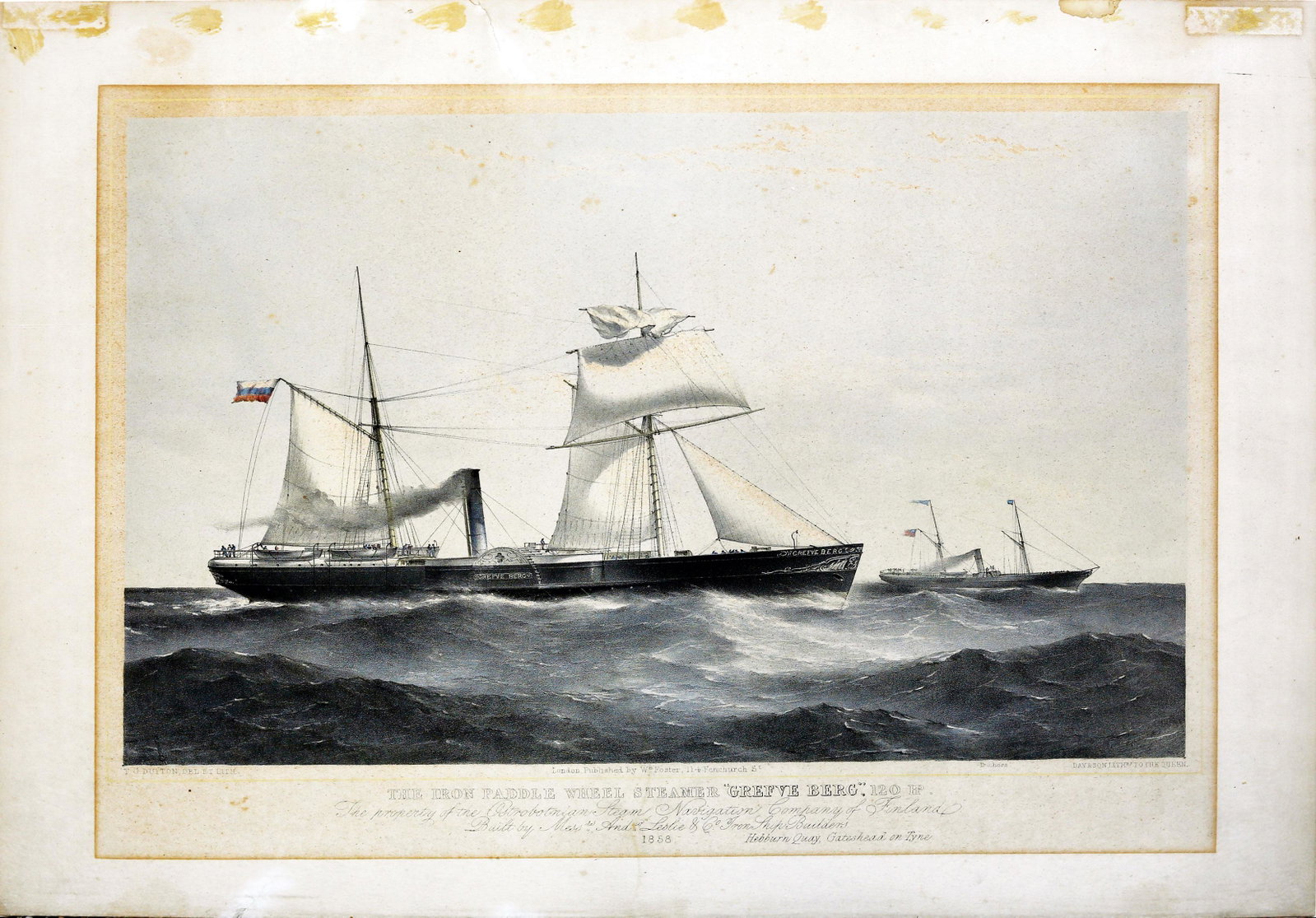 Dutton, Grefve Berg maritime lithograph: DUTTON, T.G. (active 1845-1879). The Iron Paddle Wheel Steamer "Grefve Berg,"120. Lithograph with original hand color. W.M. Foster, London: 1858. 17" x 22 1/2" sheet. "Grefve Berg" ship showing the st