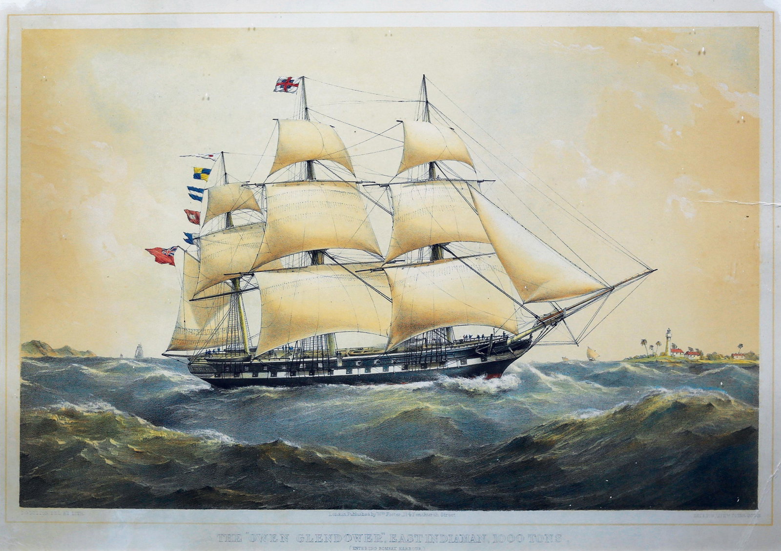 Dutton, Owen Glendower maritime lithograph: DUTTON, T.G. (active 1845-1879). The "Owen Glendower", East Indiaman, 1000 tons (Entering Bombay Harbour). Lithograph with original hand color. William Foster: After 1843. 15" x 21" sheet. The ship is