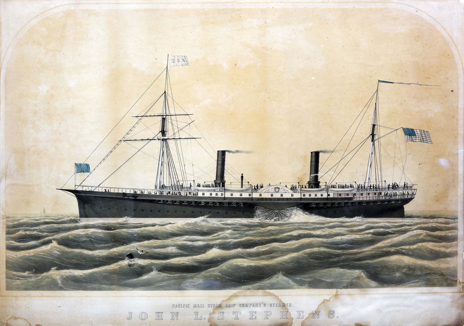 Endicott, John L. Stephen: ENDICOTT & Co. (Mid-19th Century). [Naval] Pacific Mail Steam Ship Company's Steamer, "John L. Stephens". Lithograph with original hand color. New York: Endicott & Co, c. 1852. 21 1/2" x 31 3/4" sheet