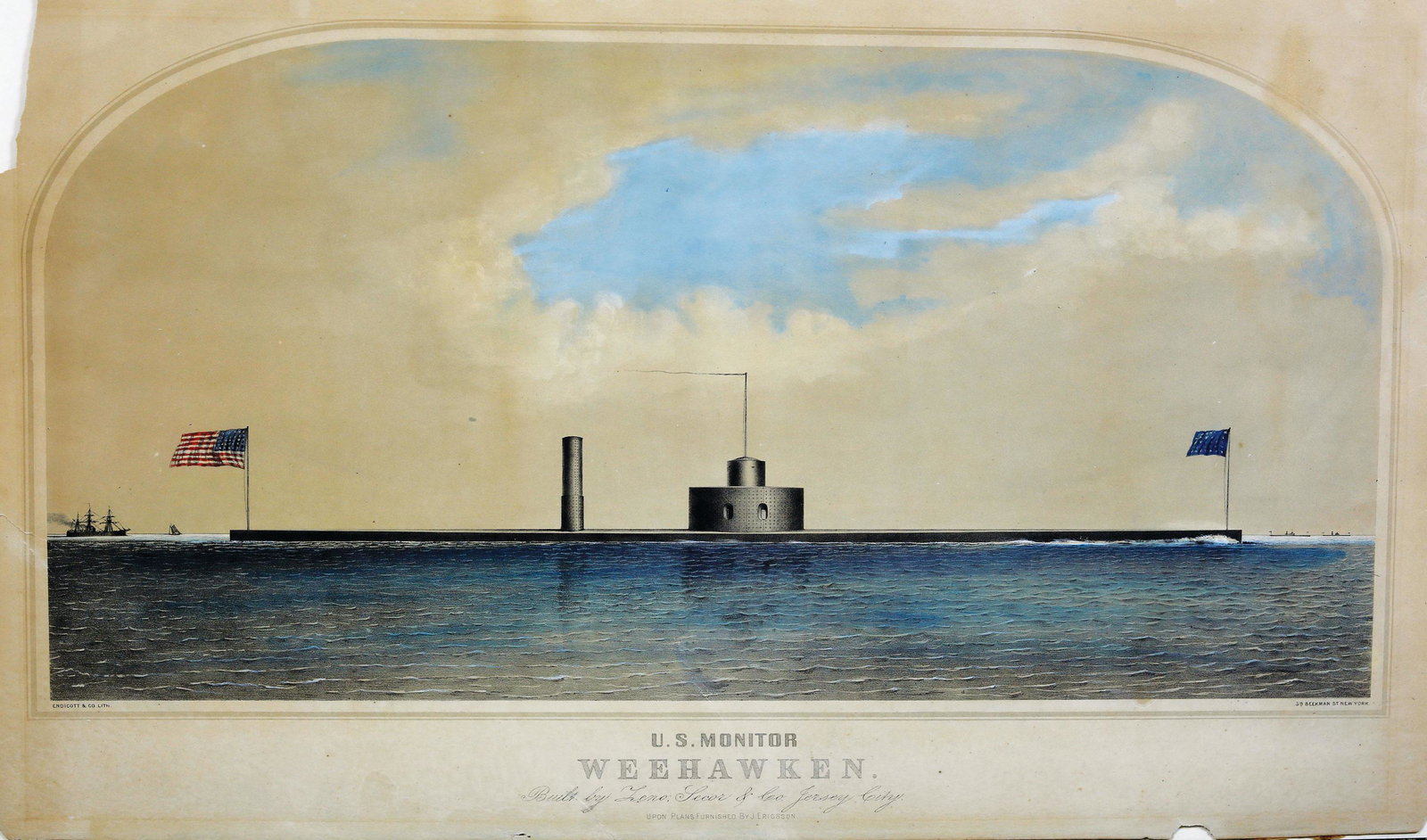 Endicott, Monitor Weehawken maritime lithograph: ENDICOTT & Co. (Mid-19th Century). U.S. Monitor Weehawken. Lithograph with original hand color. New York: Endicott & Co. c, 1860's. 16 1/2" x 27" sheet. Passaic-class ironclad monitor of the Civil War