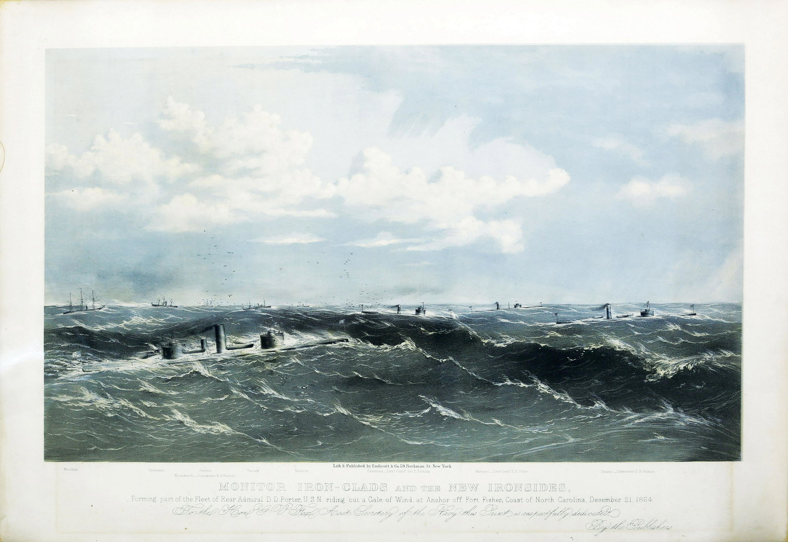 Endicott, Ironsides maritime lithograph: ENDICOTT & Co. (Mid-19th Century). Monitor Iron-Clads and the New Ironsides / Forming part if the Fleet of Rear Admiral D.D. Porter, U.S.N. riding out a Gale of Wind, at Anchor off Fort Fisher, Coast