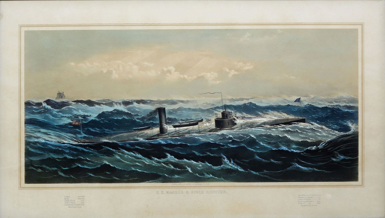 Endicott, Monitor maritime lithograph: ENDICOTT & Co. (Mid-19th Century). U.S. Harbor & River Monitor. Lithograph with original hand color. New York: Endicott, c. 1860. 17" x 30" visible, 22" x 32" framed. Provenance: Down Town Association